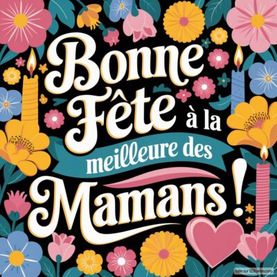 Carte colorée pour la fête des mères avec des fleurs, des bougies et le message Bonne Fête à la meilleure des Mamans !