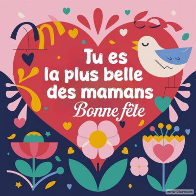 Carte virtuelle pour la fête des mères avec un cœur rouge, des fleurs colorées et un oiseau. Texte : Tu es la plus belle des mamans. Bonne fête.