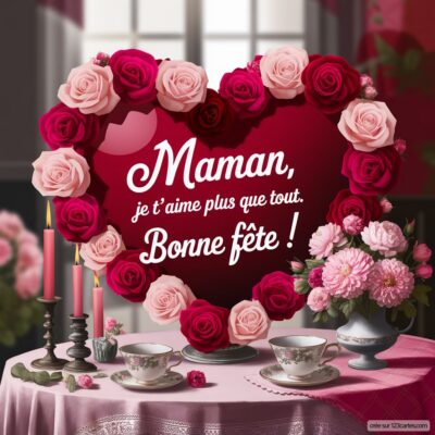 Carte virtuelle pour la fête des mères, ornée de roses, avec un message affectueux sur fond cœur et une table dressée.