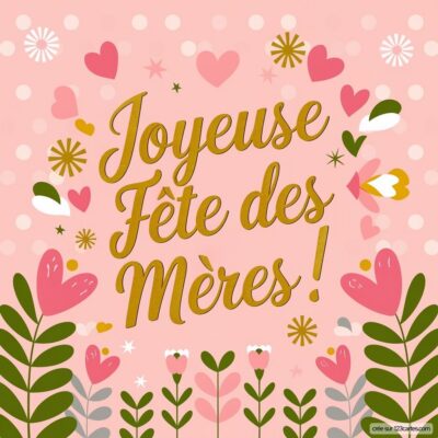 Carte virtuelle pour la Fête des Mères, avec un fond rose, des cœurs et des fleurs, et le message Joyeuse Fête des Mères ! en doré.