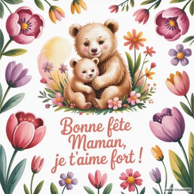 Carte de fête des mères avec un ours adulte et son ourson, entourés de fleurs colorées et d'un message affectueux.