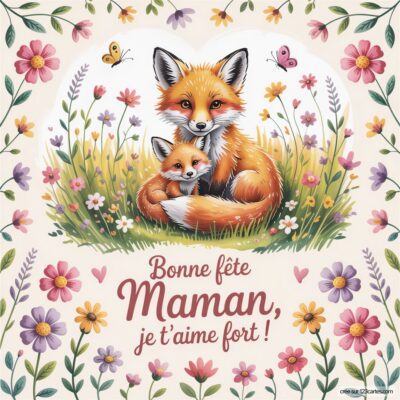 Image illustrant une maman renarde avec son petit dans un jardin fleuri, accompagnée du texte Bonne fête Maman, je t'aime fort !