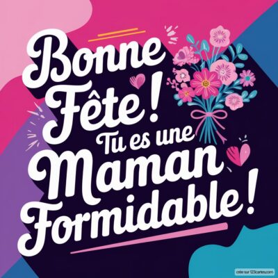 Carte virtuelle pour la fête des mères avec des fleurs et le message 'Bonne Fête ! Tu es une Maman Formidable !'