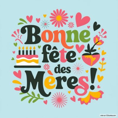 Carte colorée pour la fête des mères avec un gâteau, des cœurs et le message 'Bonne fête des Mères!' en lettres stylisées.