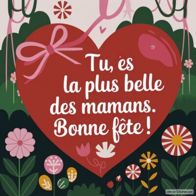 Carte de fête des mères avec un grand cœur rouge et des fleurs, portant le message Tu es la plus belle des mamans. Bonne fête !
