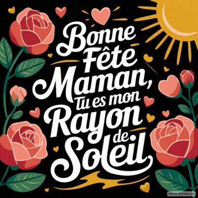 Carte de fête des mères avec fleurs roses, un soleil et le message : 'Bonne fête Maman, tu es mon rayon de soleil'.