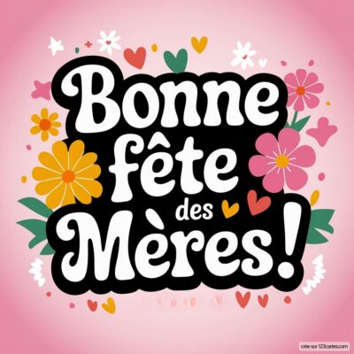Carte virtuelle colorée pour la fête des mères avec le message Bonne fête des Mères ! sur fond rose, décorée de fleurs.