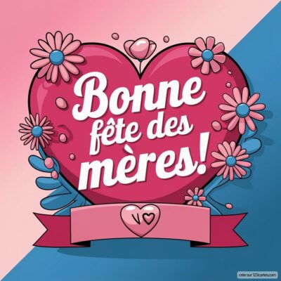 Image colorée avec un grand cœur rose, des fleurs et le texte Bonne fête des mères ! sur fond dégradé bleu et rose.