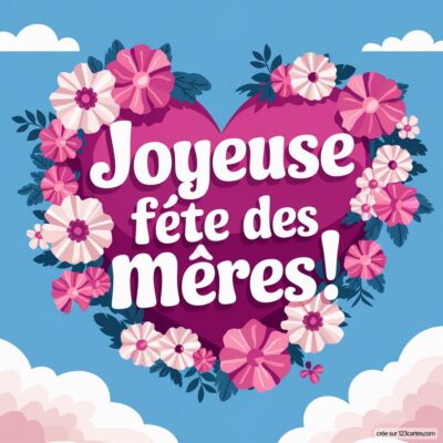 Carte virtuelle pour la fête des mères, avec un cœur décoré de fleurs et le message 'Joyeuse fête des mères !'