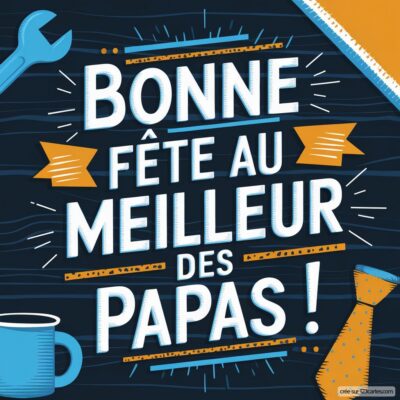 Carte virtuelle colorée pour la fête des pères, avec le message Bonne fête au meilleur des papas ! et des illustrations d'outils.