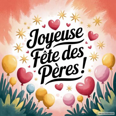 Carte colorée pour la fête des pères avec le message 'Joyeuse Fête des Pères!' entouré de cœurs et de ballons.
