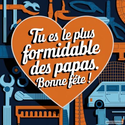 Carte virtuelle pour la fête des pères : un cœur orange avec le texte « Tu es le plus formidable des papas. Bonne fête ! » sur fond d'outils.