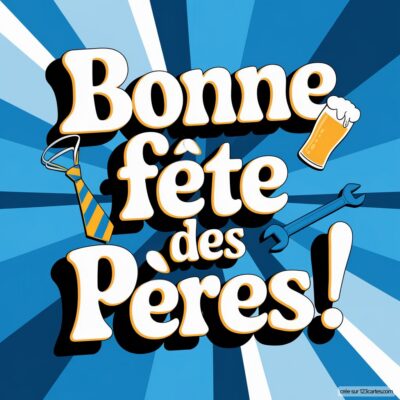 Carte de fête des pères avec un fond bleu, des outils, une cravate et un verre de bière, souhaitant une bonne fête.