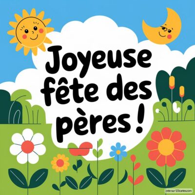 Carte colorée pour la fête des pères, avec un soleil souriant, une lune, des fleurs et le texte : Joyeuse fête des pères ! en grandes lettres.