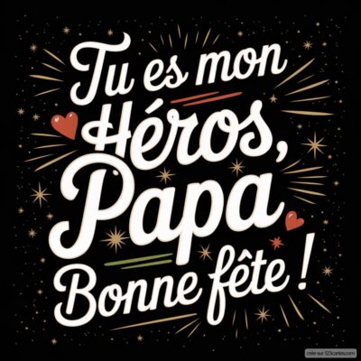 Carte virtuelle pour la fête des pères avec le message Tu es mon héros, Papa. Bonne fête ! sur fond noir.
