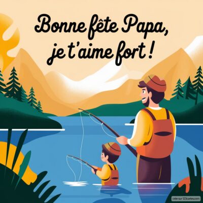 Illustration d'un père et son fils pêchant au bord d'un lac. Un message doux : Bonne fête Papa, je t'aime fort ! en haut.