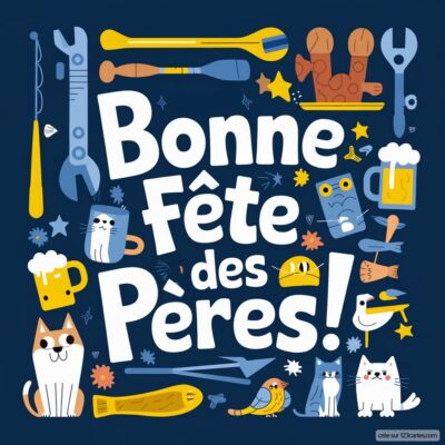 Carte pour la fête des pères avec le texte Bonne fête des Pères! entouré d'illustrations de chats, outils et bières.