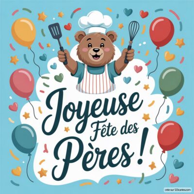 Carte virtuelle pour la fête des pères : un ours souriant en chef cuisinier, tenant une spatule et un fouet, entouré de ballons colorés.