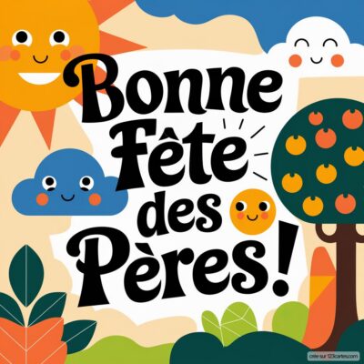 Carte colorée pour la fête des pères avec le message Bonne Fête des Pères ! entouré de sourires et d'éléments naturels.