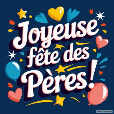 Carte colorée pour la fête des Pères avec le message 'Joyeuse fête des Pères!' entouré de cœurs et d'étoiles.
