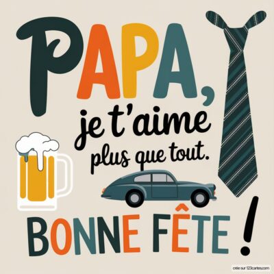 Carte pour la fête des pères avec les mots Papa, je t'aime plus que tout et des illustrations d'une bière, d'une voiture et d'une cravate.