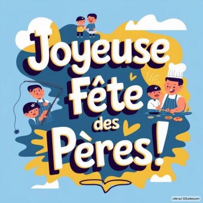 Carte virtuelle colorée pour la fête des pères, avec des illustrations de pères et enfants célébrant ensemble.