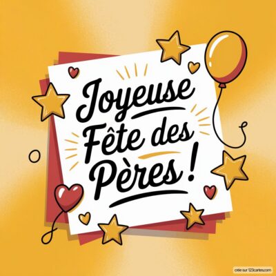 Carte virtuelle joyeuse pour la fête des pères, avec des étoiles, un ballon et le message Joyeuse Fête des Pères !.