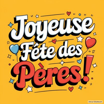 Carte virtuelle colorée avec le texte Joyeuse Fête des Pères ! en lettres stylisées sur fond jaune, décorée de cœurs et de ballons.