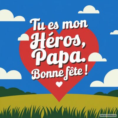 Carte virtuelle pour la fête des pères avec un cœur rouge sur un fond bleu, texte : Tu es mon Héros, Papa. Bonne fête !