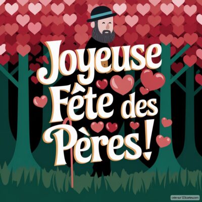 Carte virtuelle colorée pour la Fête des Pères, avec un homme dans un décor arboré, entouré de cœurs rouges et d'un message festif.