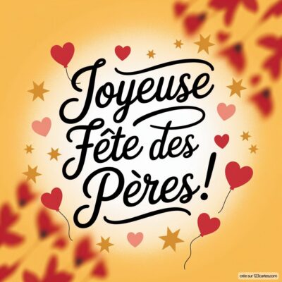 Carte virtuelle colorée pour la fête des pères avec le message 'Joyeuse Fête des Pères!' entouré de cœurs et d'étoiles.