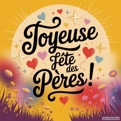 Carte colorée pour la fête des pères avec le message Joyeuse fête des Pères! entouré de cœurs et de fleurs.