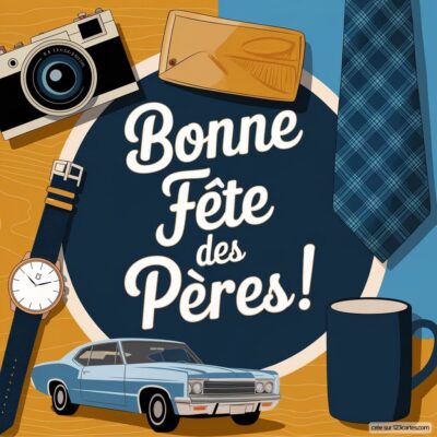 Carte de fête des pères avec un message festif, une voiture, une montre, un appareil photo et une cravate sur fond coloré.