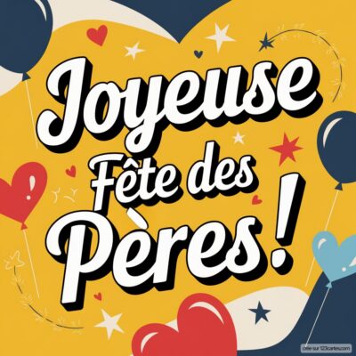 Carte virtuelle colorée pour la fête des pères avec le texte Joyeuse Fête des Pères ! entouré de cœurs et de ballons.