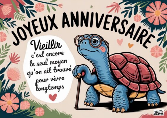 Carte d'anniversaire humoristique avec une tortue âgée portant des lunettes et une canne, entourée de fleurs roses et de feuillage décoratif.