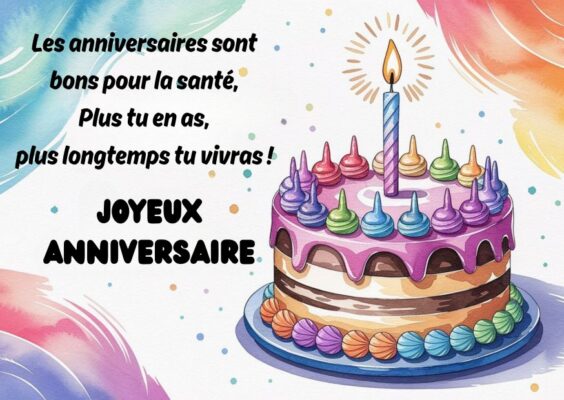 Carte d'anniversaire avec un gâteau multicolore décoré de nombreuses bougies sur fond aquarelle pastel.