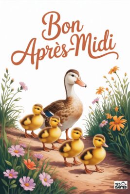 Carte «&nbsp;Bon Après-Midi&nbsp;» avec canard et ses canetons sur un chemin fleuri. Couleurs douces, texte en lettres cursives, fleurs roses et oranges.