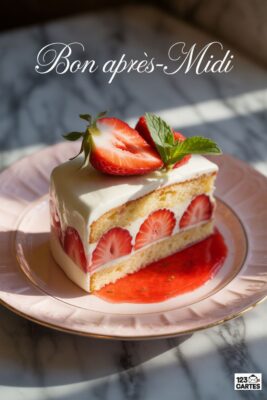 Gâteau aux fraises sur assiette rose. Biscuit, crème blanche, fraises fraîches. Coulis rouge. Inscription «&nbsp;Bon Après-Midi&nbsp;». Décoration menthe. Lumière naturelle.
