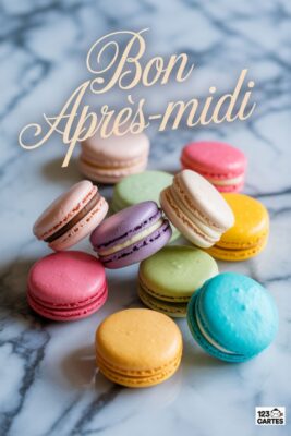 Macarons colorés sur fond marbré, texte «&nbsp;Bon Après-Midi&nbsp;». Rose, violet, jaune, vert, bleu, beige. Gourmandise et douceur. Carte de vœux.