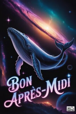 Baleine bleue flottant dans l'espace, devant une galaxie spirale aux couleurs vives. Texte «&nbsp;Bon Après-Midi&nbsp;» en rose et bleu. Fond noir étoilé.