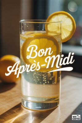 Verre de boisson pétillante avec rondelles de citron. «&nbsp;Bon Après-Midi&nbsp;» en blanc. Citron entier sur bois clair. Lumière naturelle. Rafraîchissant.