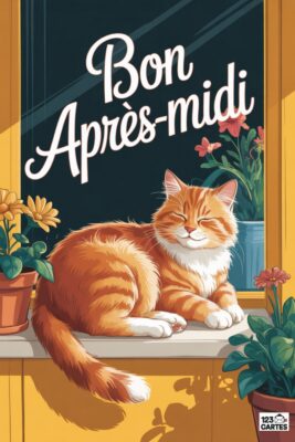 Chat roux paisible sur un rebord de fenêtre ensoleillé. Fleurs en pot, texte «&nbsp;Bon Après-Midi&nbsp;» blanc. Fond sombre, cadre jaune. Détente et sérénité.