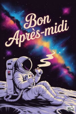 Astronaute assis sur la lune, savourant une tasse de café, avec un fond de ciel étoilé aux couleurs vives. Texte «&nbsp;Bon Après-Midi&nbsp;» en blanc.