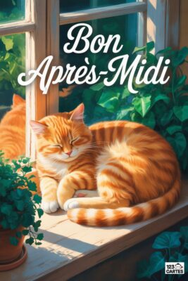 Chat roux endormi sur un rebord de fenêtre ensoleillé. Verdure luxuriante en arrière-plan. Texte «&nbsp;Bon Après-Midi&nbsp;» en blanc. Style de dessin animé.