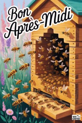 Abeilles s'envolant d'une ruche en bois, texte «&nbsp;Bon Après-Midi&nbsp;». Fleurs roses et lavandes en arrière-plan. Scène ensoleillée, tons chauds et doux.