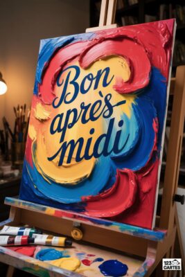 Tableau «&nbsp;Bon Après-Midi&nbsp;» sur chevalet. Couleurs vives : rouge, bleu, jaune. Texte calligraphié. Palette et tubes de peinture en bas. Atelier d'artiste.