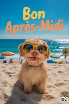 Chien souriant sur plage, lunettes de soleil jaunes. Texte «&nbsp;Bon Après-Midi&nbsp;» sur fond bleu ciel et mer. Sable clair, parasols et palmiers.