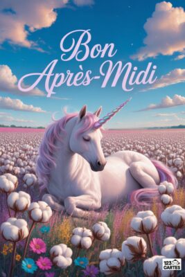 Licorne couchée dans un champ de coton, avec l'inscription «&nbsp;Bon Après-Midi&nbsp;». Couleurs pastel&nbsp;: crinière rose, ciel bleu, nuages ​​blancs, fleurs de coton. Carte de vœux.