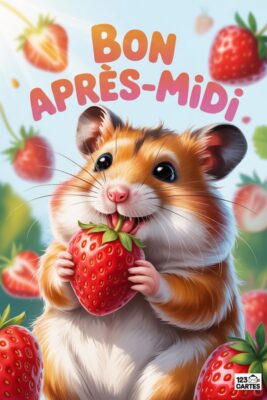 Hamster mangeant une fraise rouge, texte «&nbsp;Bon Après-Midi&nbsp;». Fond bleu clair avec fraises. Rongeur aux couleurs marron, blanc et orange.
