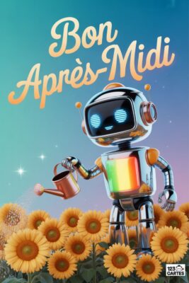 Robot chrome arrosant des tournesols, texte «&nbsp;Bon Après-Midi&nbsp;». Ciel bleu et dégradé, robot avec écran lumineux et arc-en-ciel. Fleurs jaunes.